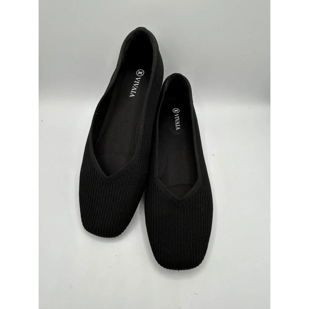 VIVAIA Margot Black Ribbed Knit Square Toe V-Cut Ballet Flats Women EU 39 Shoes